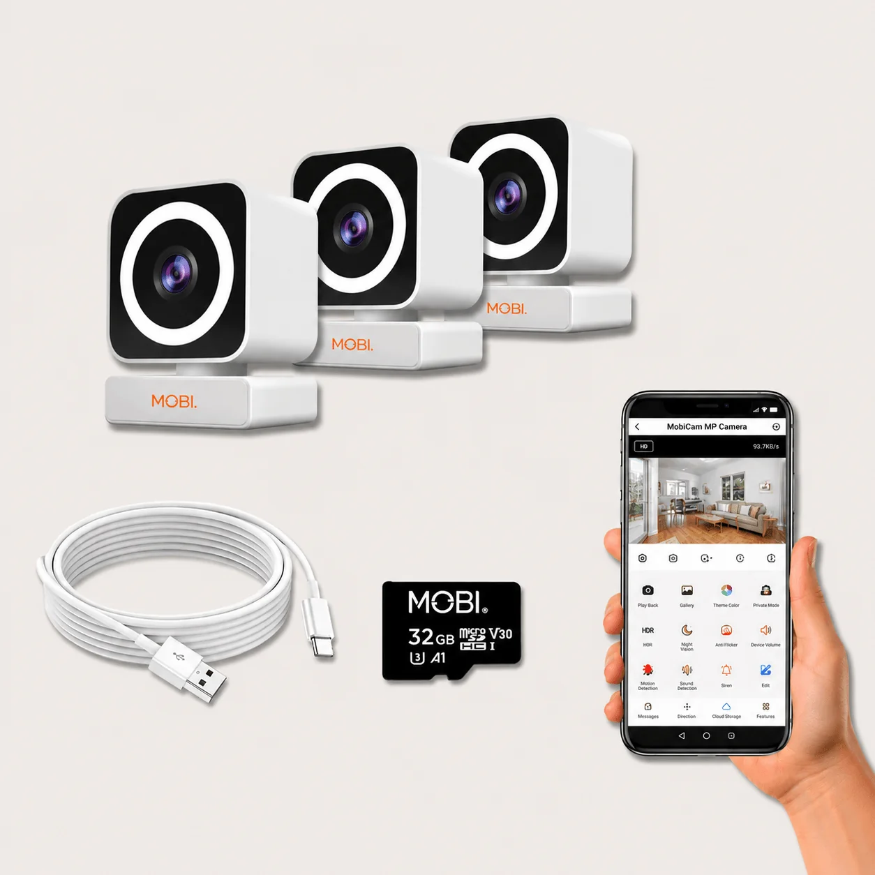 MobiCam MP 3-Camera Dual-Band Wi-Fi Bundle with MicroSD & 15ft USB-C Cable