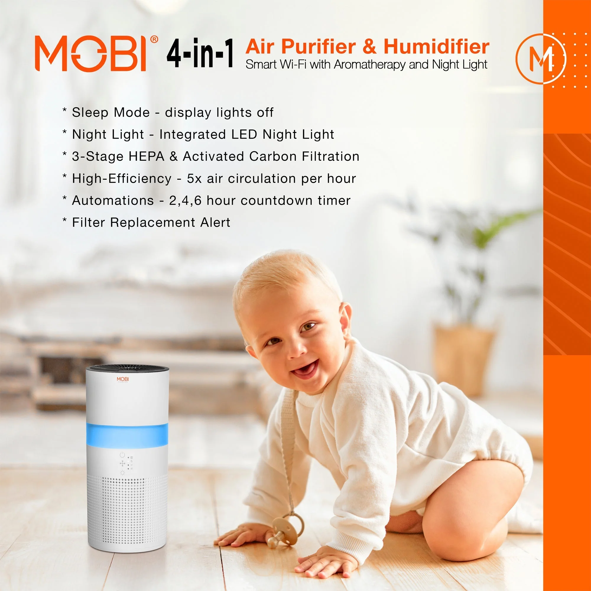 MOBI Smart 4-in-1 Air Purifier & Humidifier with HEPA, Aromatherapy & Nightlight - Image 8